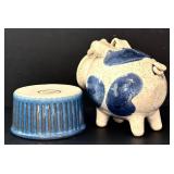 O - Blue Stoneware 8-Piece Set - 2 Pitchers, 2 Mugs, 2 Saucers, 1 Ramekin, Piggy Bank