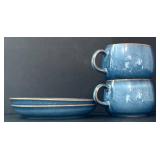 O - Blue Stoneware 8-Piece Set - 2 Pitchers, 2 Mugs, 2 Saucers, 1 Ramekin, Piggy Bank
