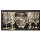 O - Crystal Glassware Set - 6 Etched Wine Glasses & 1 Vase (Lot of 7)