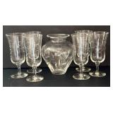 O - Crystal Glassware Set - 6 Etched Wine Glasses & 1 Vase (Lot of 7)