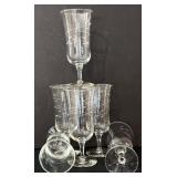 O - Crystal Glassware Set - 6 Etched Wine Glasses & 1 Vase (Lot of 7)