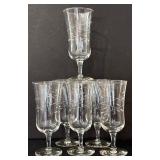 O - Crystal Glassware Set - 6 Etched Wine Glasses & 1 Vase (Lot of 7)