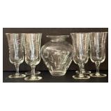 O - Crystal Glassware Set - 6 Etched Wine Glasses & 1 Vase (Lot of 7)