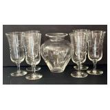 O - Crystal Glassware Set - 6 Etched Wine Glasses & 1 Vase (Lot of 7)