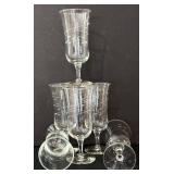 O - Crystal Glassware Set - 6 Etched Wine Glasses & 1 Vase (Lot of 7)