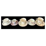 SR - 5 Mixed-Brand Floral Teacups& Saucers - Gorham Town & Country, Secret Garden, Fitz & Floyd and Porsgrund (Lot of 5)