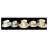 SR - 5 Mixed-Brand Floral Teacups& Saucers - Gorham Town & Country, Secret Garden, Fitz & Floyd and Porsgrund (Lot of 5)