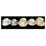SR - 5 Mixed-Brand Floral Teacups& Saucers - Gorham Town & Country, Secret Garden, Fitz & Floyd and Porsgrund (Lot of 5)
