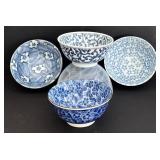 SR - Blue & White Asian Porcelain Bowls - Floral & Scroll Motifs, Mixed Patterns