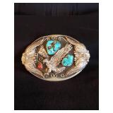 Beautiful Sterling Silver Turquoise Navajo Belt Buckle, Heavy