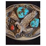 Beautiful Sterling Silver Turquoise Navajo Belt Buckle, Heavy