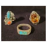 3 Vintage Sterling Silver Rings 2 Navajo Turquiose 1 Antique