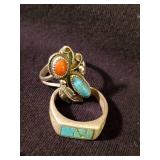 3 Vintage Sterling Silver Rings 2 Navajo Turquiose 1 Antique