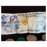 Nice Lot of Coins and Tokens including A Kennedy 64 Half Dollar, Mpls and St Paul Railroad Token and Phillipino Money