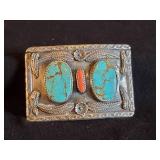 Gorgeous Navajo Sterling Silver and Turquoise Belt Buckle, Marked MP