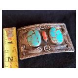 Gorgeous Navajo Sterling Silver and Turquoise Belt Buckle, Marked MP