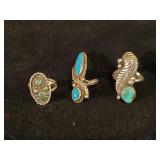 3 Gorgeous Sterling Silver Turqouise rings Size 6, 5, 4