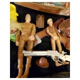 Nice lot of Vintage Toys Bonanza Holster, Johnny West Dolls, Roy Rogers Case repaired and More