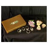 Cool Lot of 5 Sterling Silver Rings, Small Metal Box, and Porcelan Jewelry