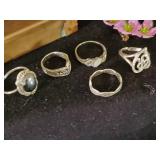 Cool Lot of 5 Sterling Silver Rings, Small Metal Box, and Porcelan Jewelry