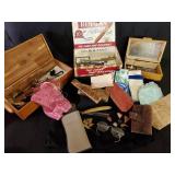 Huge Lot of Misc Vintage Items Hankercheifs, Jewelry Boxes, Polished Rocks, Eye Glasses, Straight Razor, and Much More
