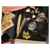 Huge Lot of Misc Vintage Items Hankercheifs, Jewelry Boxes, Polished Rocks, Eye Glasses, Straight Razor, and Much More