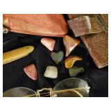 Huge Lot of Misc Vintage Items Hankercheifs, Jewelry Boxes, Polished Rocks, Eye Glasses, Straight Razor, and Much More