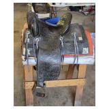 Beautiful N Porter Champion Rider Arizona Tooled Leather Saddle with Saddle Stand and Blanket from Approx. 1920-1930