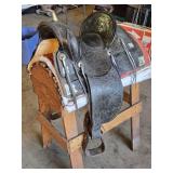 Beautiful N Porter Champion Rider Arizona Tooled Leather Saddle with Saddle Stand and Blanket from Approx. 1920-1930