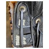 Beautiful N Porter Champion Rider Arizona Tooled Leather Saddle with Saddle Stand and Blanket from Approx. 1920-1930