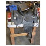 Beautiful N Porter Champion Rider Arizona Tooled Leather Saddle with Saddle Stand and Blanket from Approx. 1920-1930