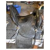 Beautiful N Porter Champion Rider Arizona Tooled Leather Saddle with Saddle Stand and Blanket from Approx. 1920-1930