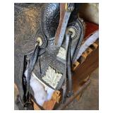 Beautiful N Porter Champion Rider Arizona Tooled Leather Saddle with Saddle Stand and Blanket from Approx. 1920-1930