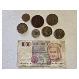 Various Coins and Italian Lira Banknote Set including 1000 Lire Note, One Penny Coin, and Other International Coins