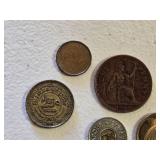 Various Coins and Italian Lira Banknote Set including 1000 Lire Note, One Penny Coin, and Other International Coins