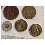 Various Coins and Italian Lira Banknote Set including 1000 Lire Note, One Penny Coin, and Other International Coins