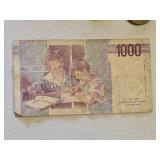Various Coins and Italian Lira Banknote Set including 1000 Lire Note, One Penny Coin, and Other International Coins