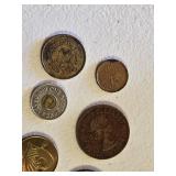 Various Coins and Italian Lira Banknote Set including 1000 Lire Note, One Penny Coin, and Other International Coins