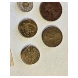 Various Coins and Italian Lira Banknote Set including 1000 Lire Note, One Penny Coin, and Other International Coins