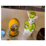 Ceramic Figurines and Decorative Items including Balloon Vendor Figures, Rabbit, and Easter Egg