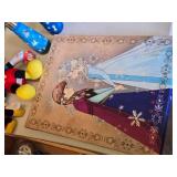 Disney Themed Toys and Accessories including Frozen Artwork, Mickey Mouse Plush Toys, and Water Bottles