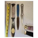 Throwing Knives including Oriental Mfg Knives, Blue Handle Knife, and Sheath