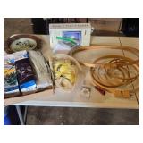 Lot of Craft Supplies including Caron Latch Hook Kit, Embroidery Hoops, and Yarn