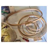 Lot of Craft Supplies including Caron Latch Hook Kit, Embroidery Hoops, and Yarn