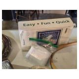 Lot of Craft Supplies including Caron Latch Hook Kit, Embroidery Hoops, and Yarn