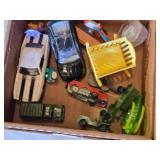 Box of Toy Cars and Power Rangers Items including Black & Decker Toy Plane, Beyblade Slingshot, Power Rangers Mystic Cycle Blasters, and Matchbox Cars