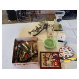 Vintage Kitchen Tools and Accessories including Puritan Grinder, Scale, and Milk Bottle