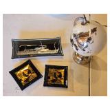 Glass Ash Tray with Ship Design, Small Ash Trays with Globe Motif, and Globe Lamp