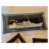 Glass Ash Tray with Ship Design, Small Ash Trays with Globe Motif, and Globe Lamp