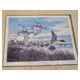 John Mayer Framed Art Prints "Dawn Patrol" and "Morning on the Platte" with Brass Plates - Both in damaged condition